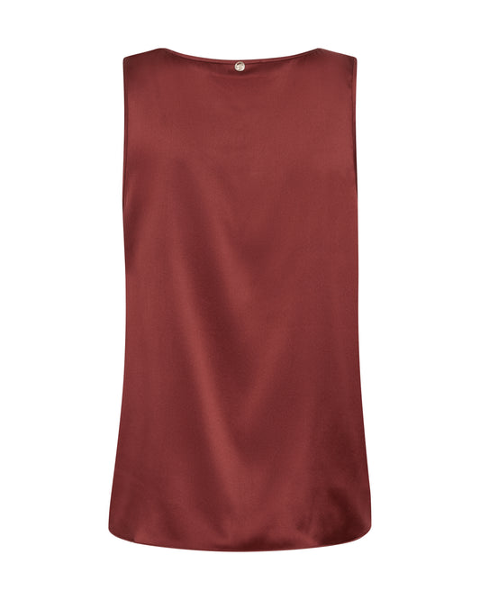 A sleeveless, boat-neck top in a deep rust red color, shown flat against a solid white background.