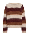 Brown and beige stripe knit sweater on a white background