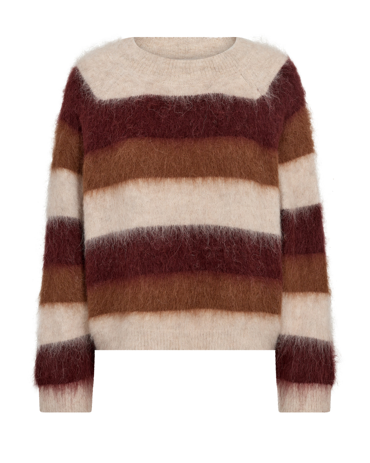 Brown and beige stripe knit sweater on a white background