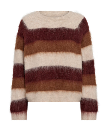 Brown and beige stripe knit sweater on a white background