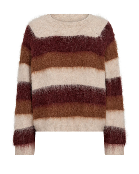 Brown and beige stripe knit sweater on a white background