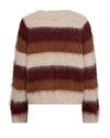 Brown and beige stripe knit sweater on a white background rear view