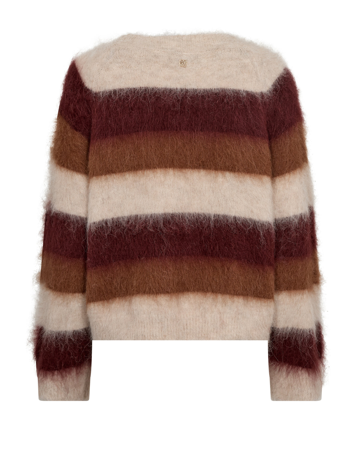 Brown and beige stripe knit sweater on a white background rear view