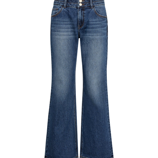 A pair of high-waisted, wide-leg blue denim jeans with a faded wash, shown against a plain white background.