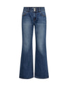 A pair of high-waisted, wide-leg blue denim jeans with a faded wash, shown against a plain white background.