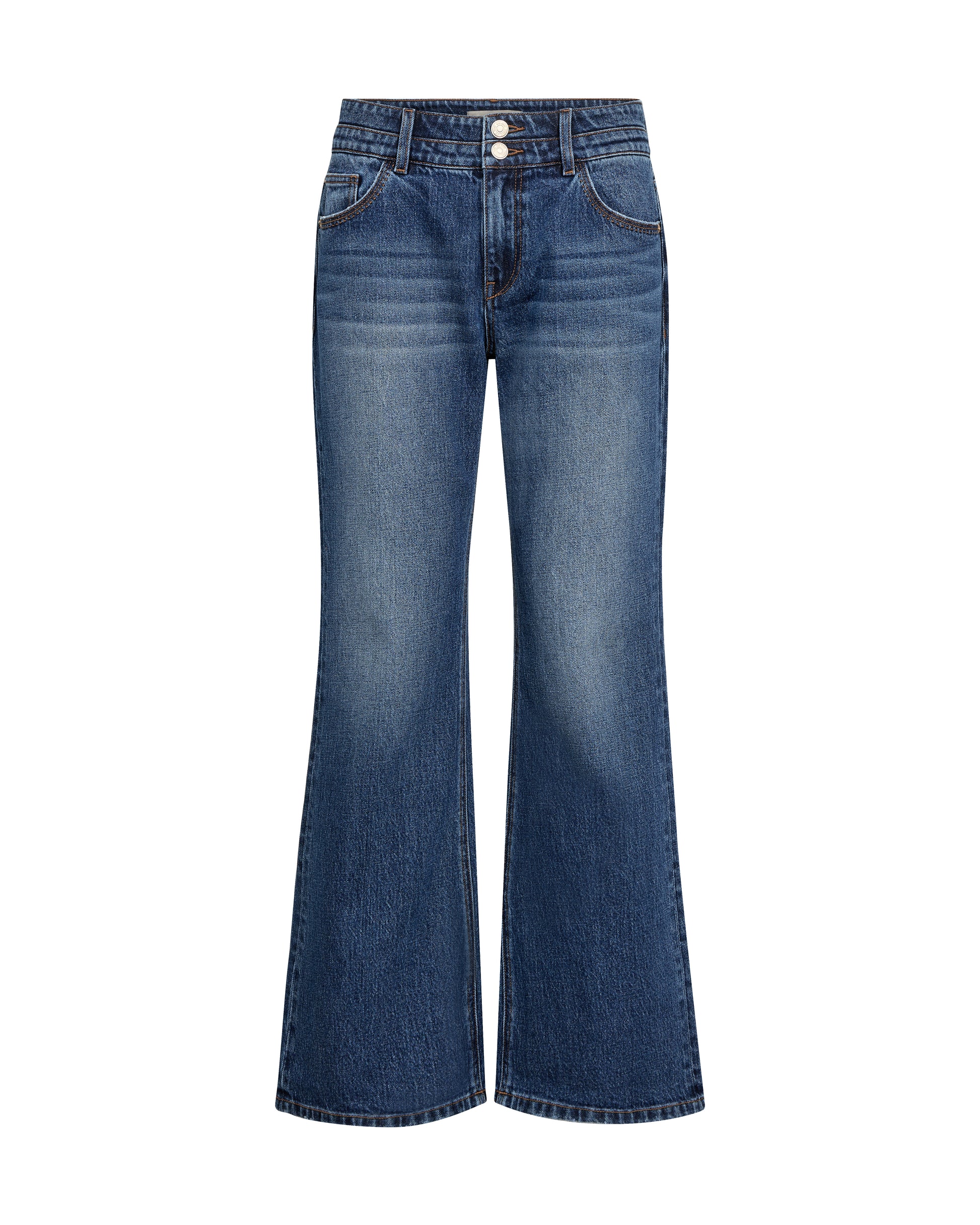 A pair of high-waisted, wide-leg blue denim jeans with a faded wash, shown against a plain white background.