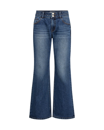 A pair of high-waisted, wide-leg blue denim jeans with a faded wash, shown against a plain white background.