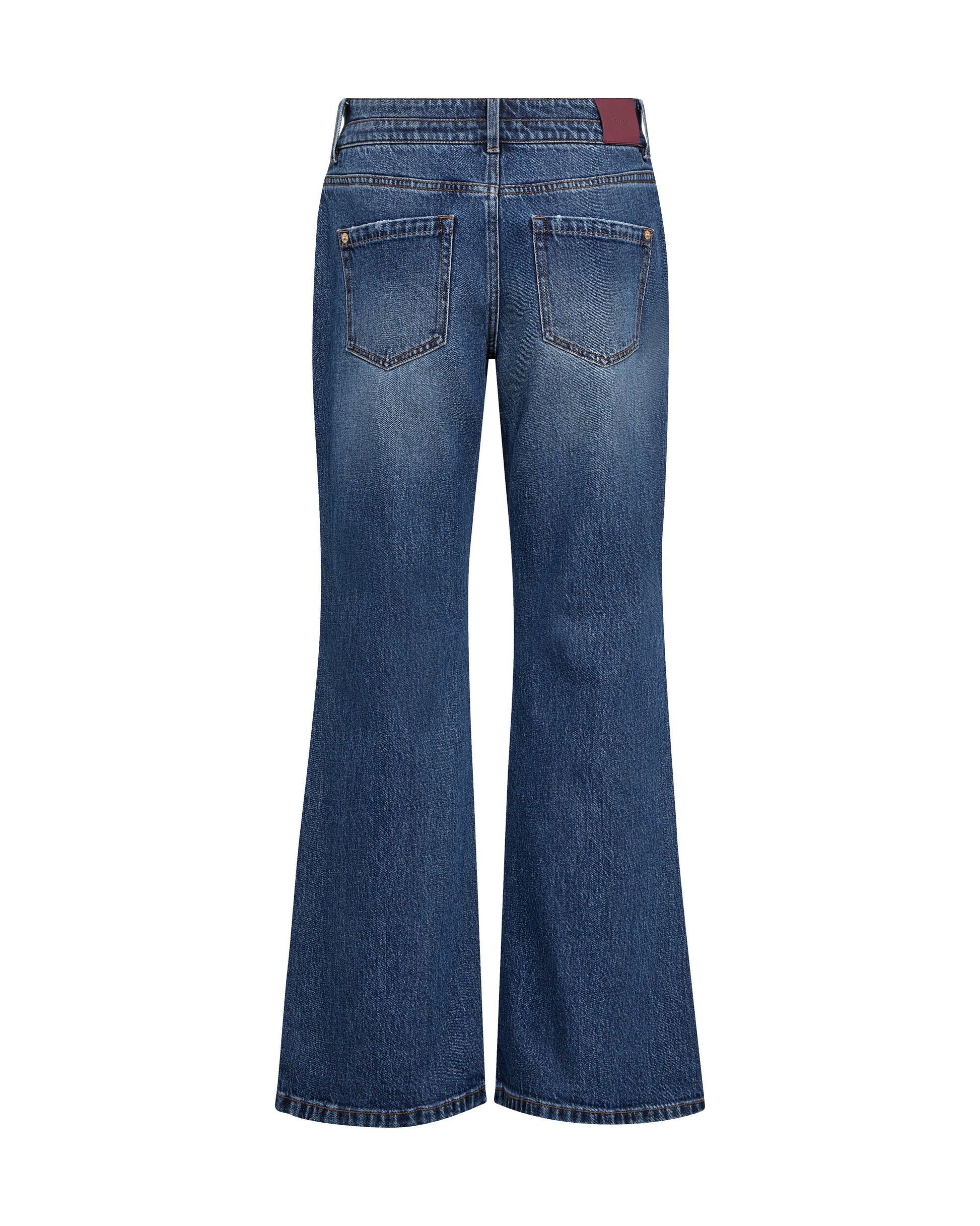 Back view of a pair of blue denim flare jeans on a white background.