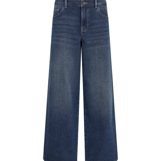 blue wide leg jeans on a white background