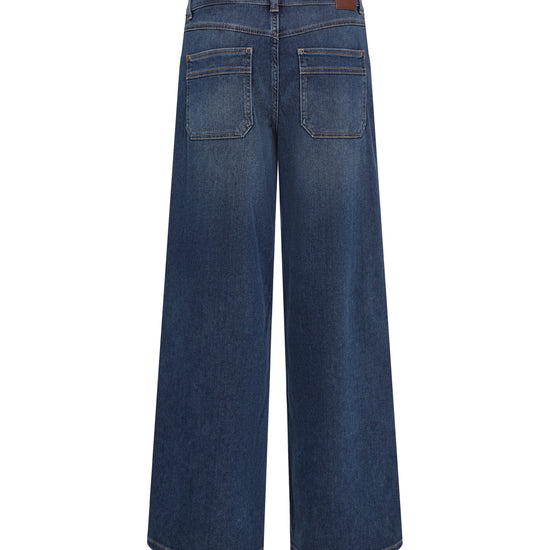 Back view of dark blue wide-leg denim jeans with a brown leather patch at the waistband, shown on a plain white background.