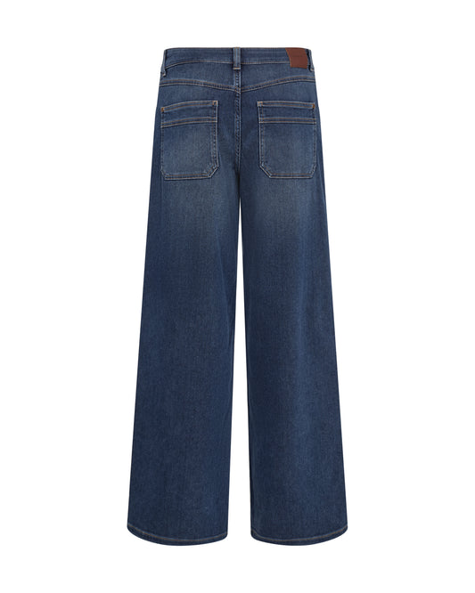 Back view of dark blue wide-leg denim jeans with a brown leather patch at the waistband, shown on a plain white background.