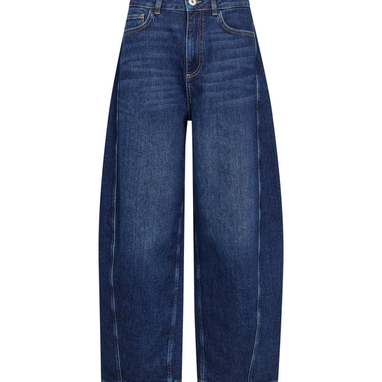 A pair of dark blue wide-leg denim jeans with a straight, relaxed fit, shown flat against a solid white background.