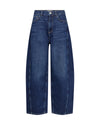 A pair of dark blue wide-leg denim jeans with a straight, relaxed fit, shown flat against a solid white background.