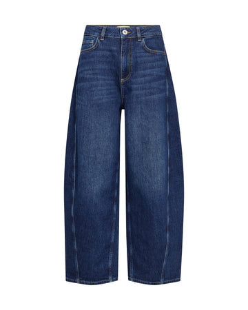 A pair of dark blue wide-leg denim jeans with a straight, relaxed fit, shown flat against a solid white background.