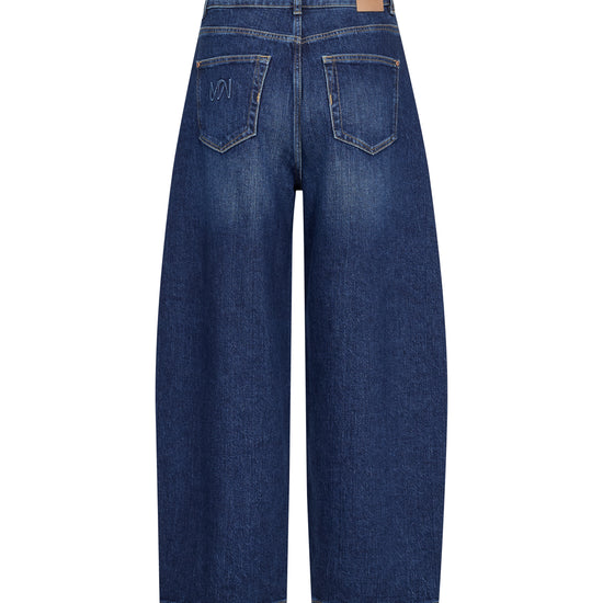 Back view of dark blue wide-leg denim jeans with a tan leather patch at the waistband, shown on a plain white background.