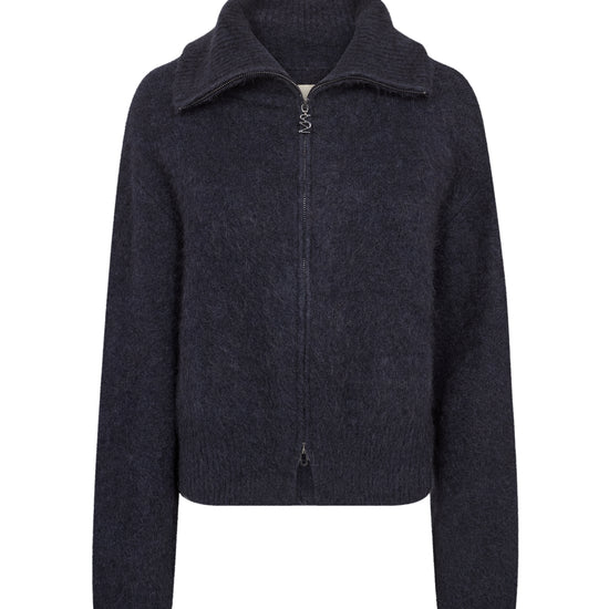 A dark navy blue knit zip-up jacket with a mock neck collar, displayed on a clean white background.