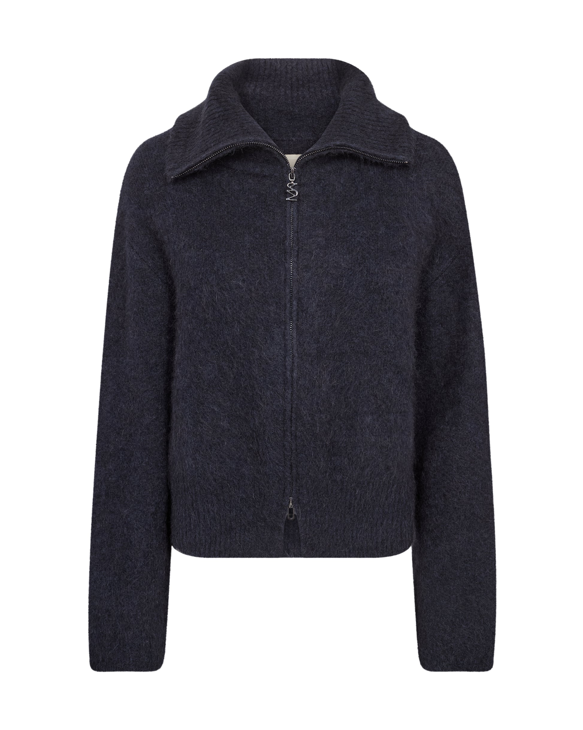 A dark navy blue knit zip-up jacket with a mock neck collar, displayed on a clean white background.