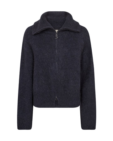 A dark navy blue knit zip-up jacket with a mock neck collar, displayed on a clean white background.