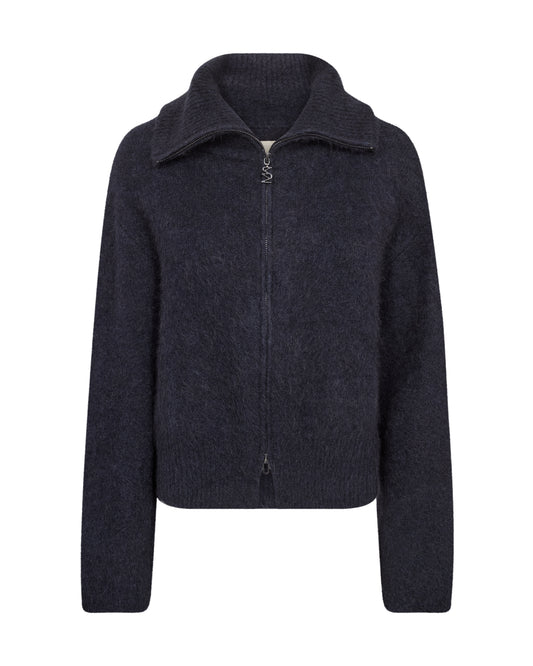 A dark navy blue knit zip-up jacket with a mock neck collar, displayed on a clean white background.