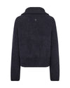 A dark navy blue knit sweater with a high ribbed mock neck collar, shown from the back on a plain white background.