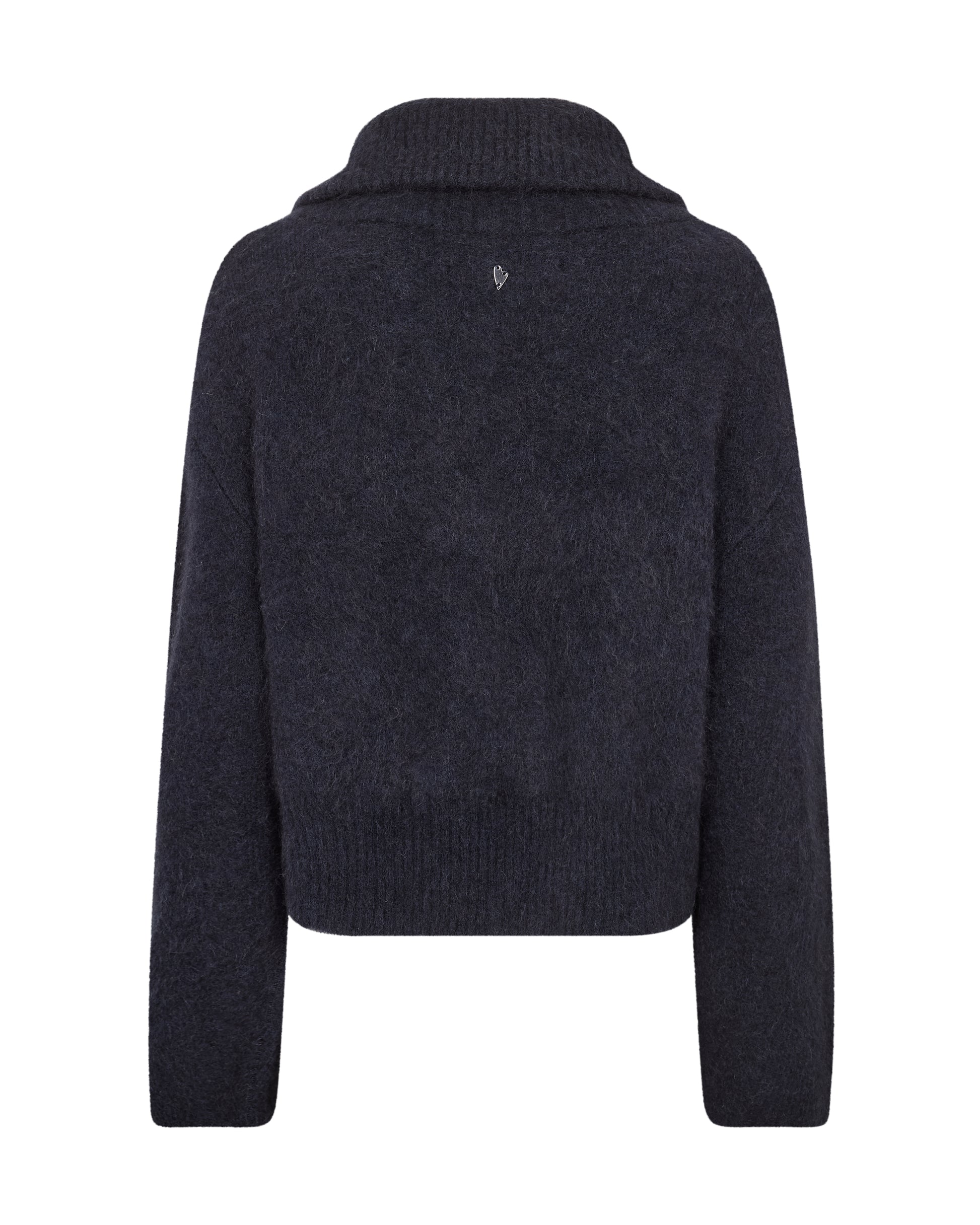 A dark navy blue knit sweater with a high ribbed mock neck collar, shown from the back on a plain white background.