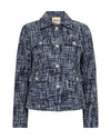 A navy and white tweed jacket with silver-tone buttons, displayed on a clean white background.