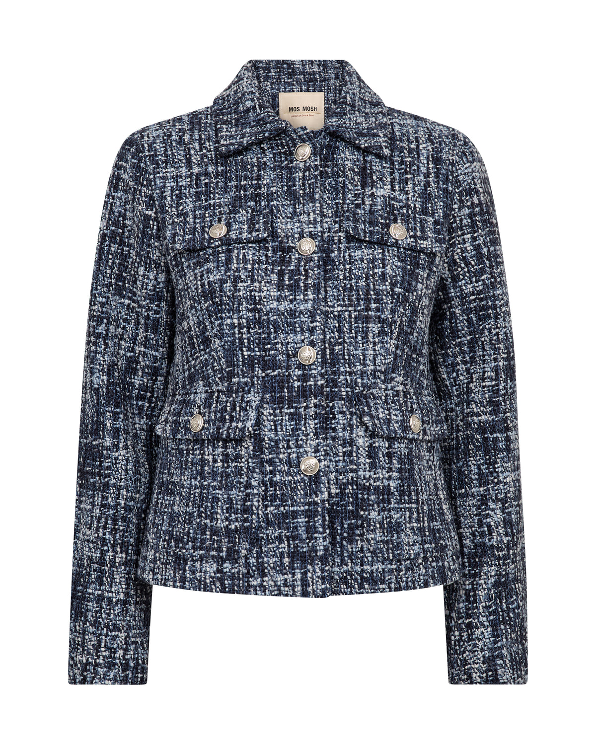 A navy and white tweed jacket with silver-tone buttons, displayed on a clean white background.