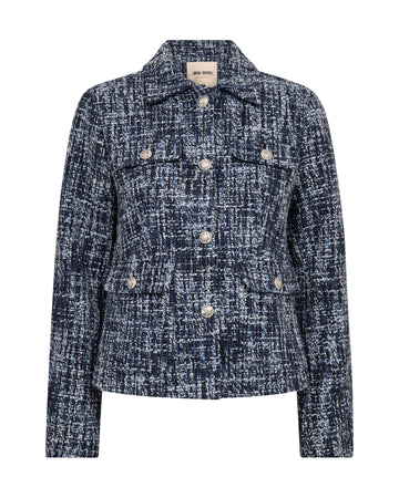 A navy and white tweed jacket with silver-tone buttons, displayed on a clean white background.