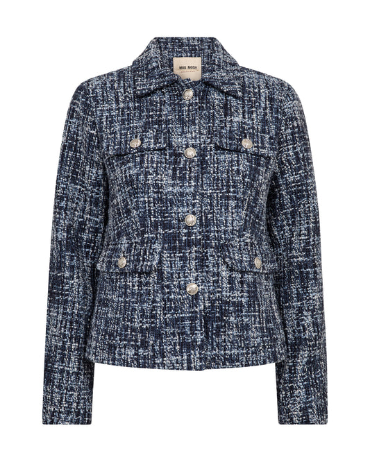 A navy and white tweed jacket with silver-tone buttons, displayed on a clean white background.