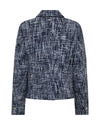 A textured tweed blazer jacket in a navy and white heathered pattern, shown from the back on a plain white background.