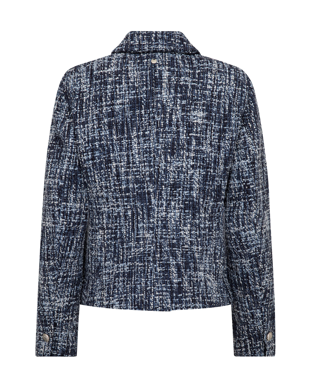 A textured tweed blazer jacket in a navy and white heathered pattern, shown from the back on a plain white background.