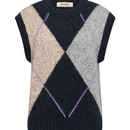 Blue, grey and beige Argyle vest on white background