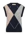 Blue, grey and beige Argyle vest on white background