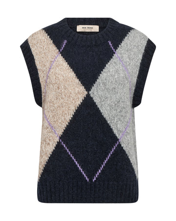 Blue, grey and beige Argyle vest on white background