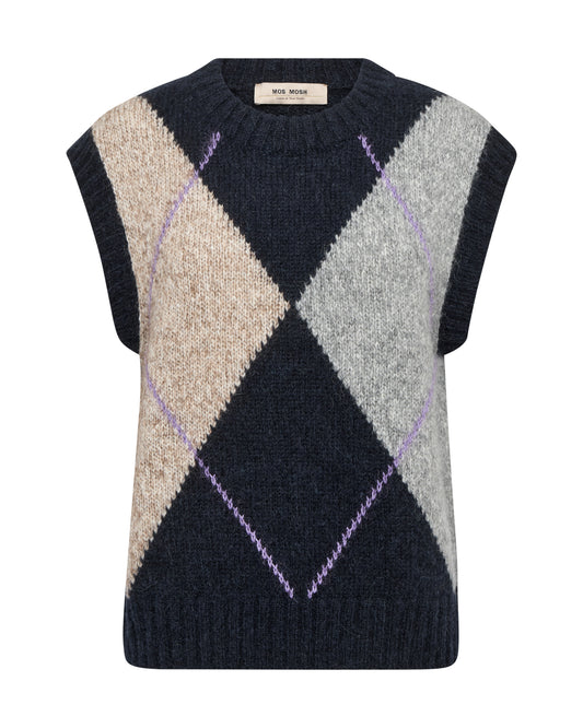 Blue, grey and beige Argyle vest on white background