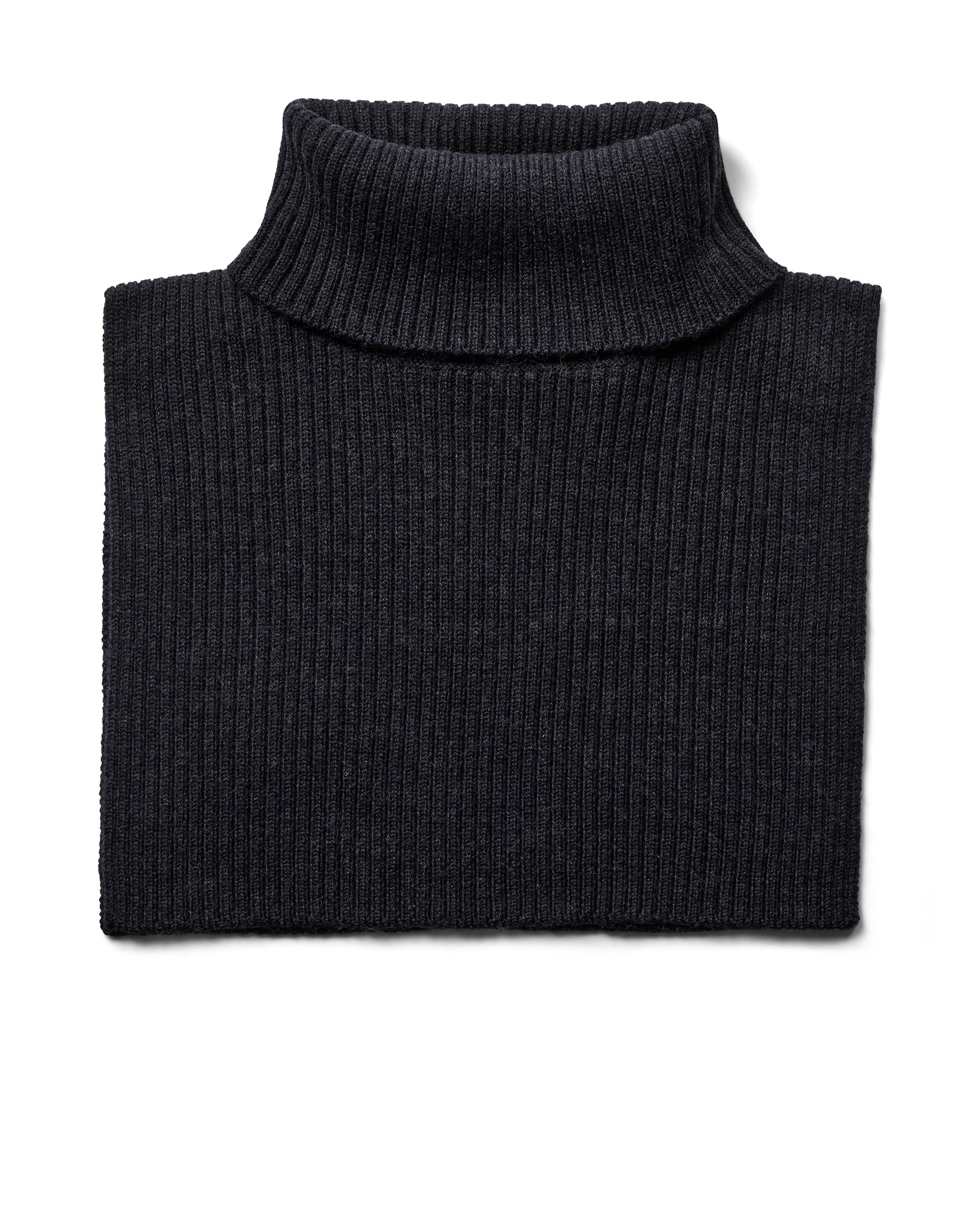 A folded navy ribbed knit turtleneck scarf on a plain white background.