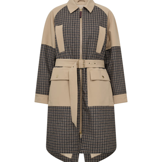 A colour-blocked mid-length coat featuring a beige collar, waist tie belt, and large front flap pockets, combined with black and beige checkered panels on the body and sleeves, shown against a plain white background.
