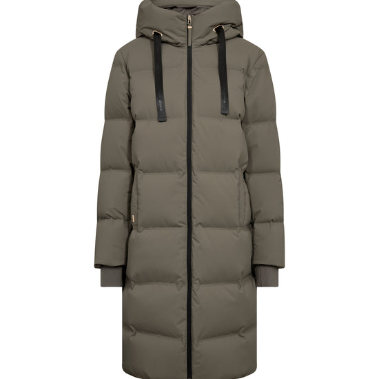 Long green puffer coat on a white background