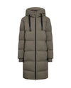 Long green puffer coat on a white background