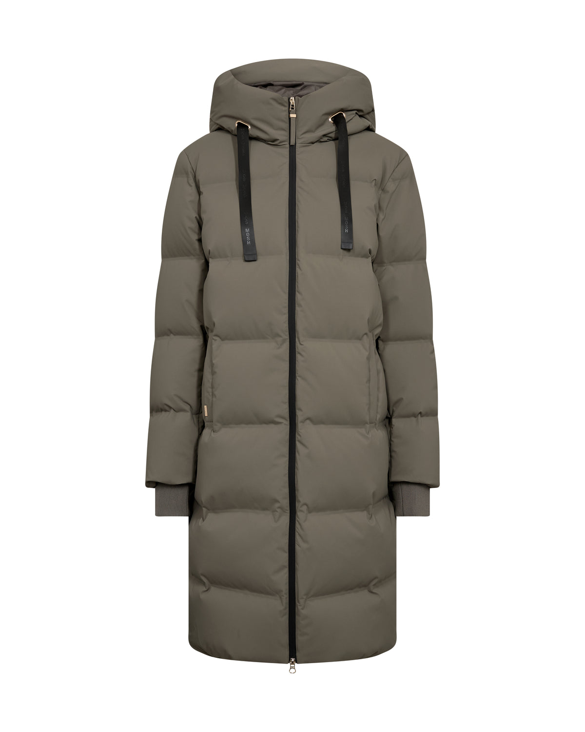 Long green puffer coat on a white background