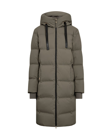 Long green puffer coat on a white background