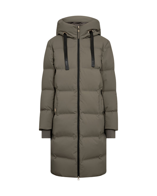 Long green puffer coat on a white background