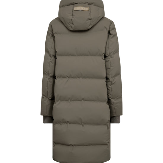 Long green puffer coat on a white background rear view