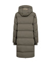 Long green puffer coat on a white background rear view