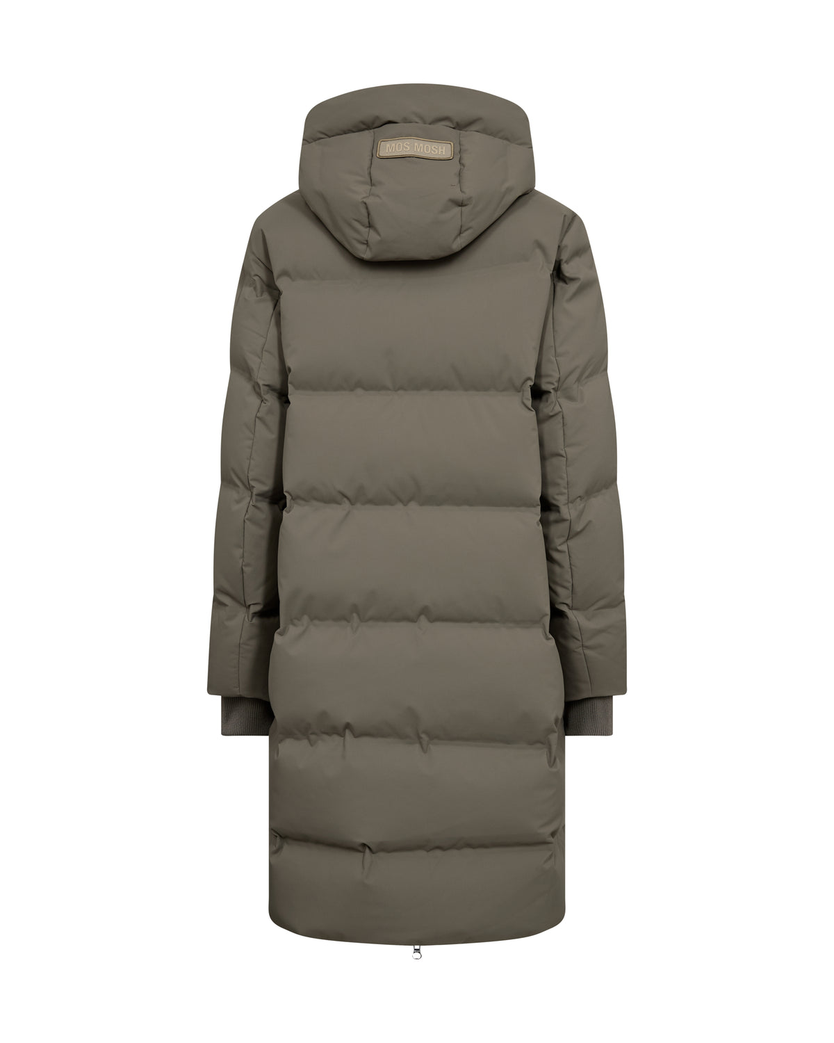 Long green puffer coat on a white background rear view