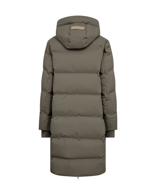 Long green puffer coat on a white background rear view