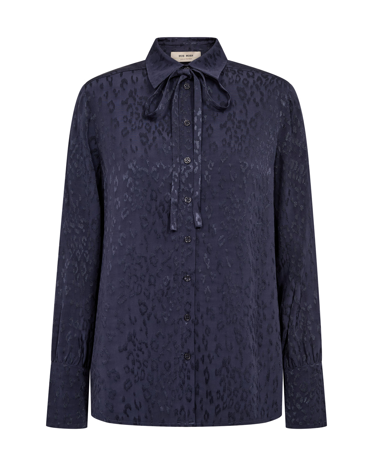 A dark navy blue long-sleeve button-up shirt with a subtle tonal leopard print and a tie-neck collar, shown against a plain white background.