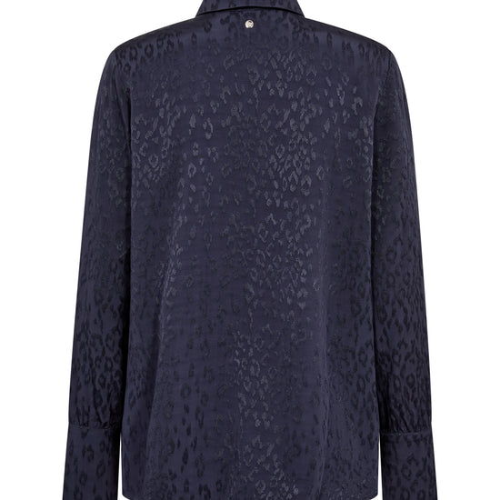 A dark navy blue long-sleeve button-up shirt with a subtle tonal leopard print pattern, shown from the back on a white background.