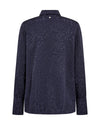 A dark navy blue long-sleeve button-up shirt with a subtle tonal leopard print pattern, shown from the back on a white background.