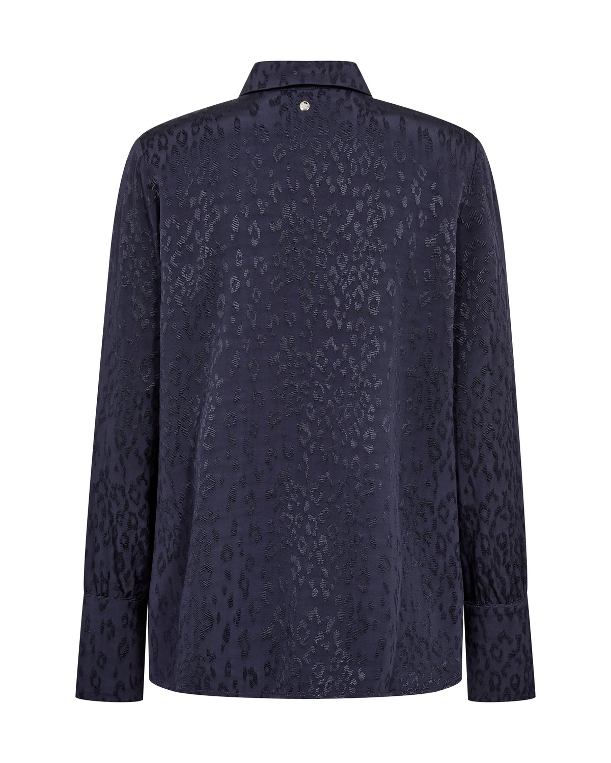 A dark navy blue long-sleeve button-up shirt with a subtle tonal leopard print pattern, shown from the back on a white background.